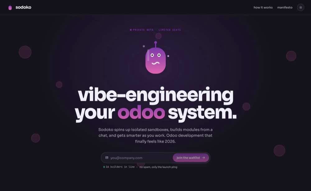 The Sodoko home page: a dark interface with the headline "vibe-engineering your odoo system" and a waitlist form